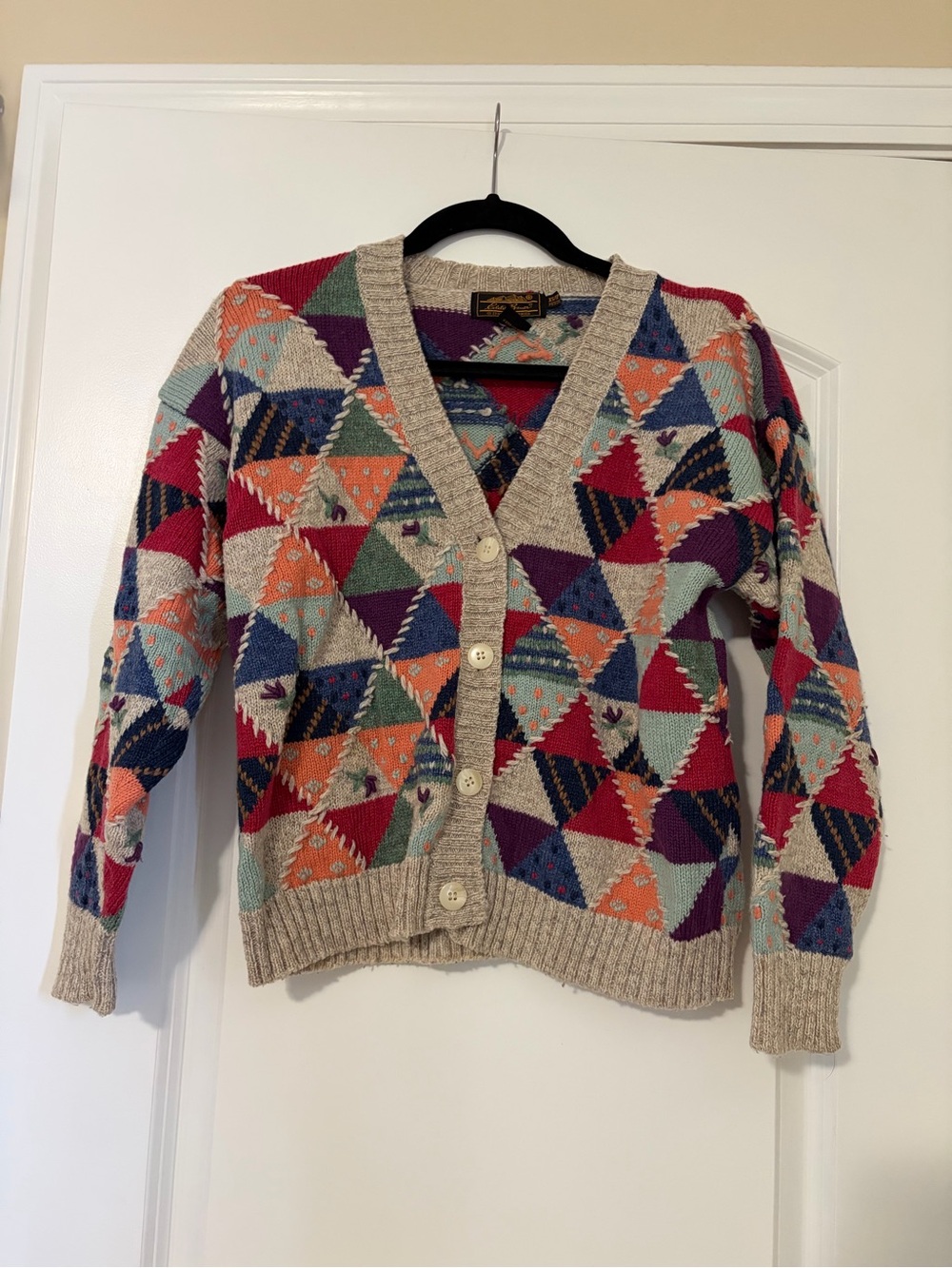 Vintage Eddie Bauer Multicolor Triangle Pattern Button-Up Wool Cardigan Sweater